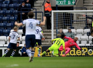 Daryl Horgan celebrates scoring Preston's second goal against Reading this afternoon.