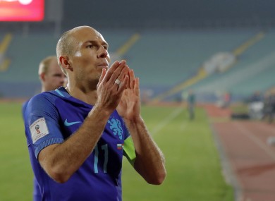 Netherlands' Arjen Robben leaves the field after their World Cup Group A qualifying soccer match against Bulgaria, at the Vassil Levski stadium in Sofia.