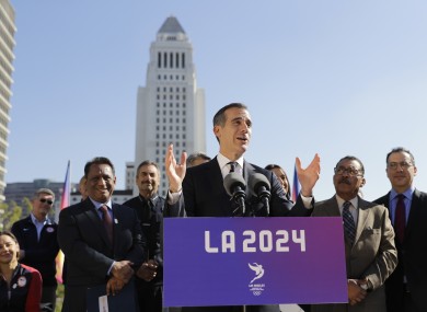Los Angeles mayor Eric Garcetti speaking in January at an LA 2024 event.