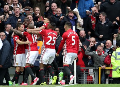 The Man United players celebrate with goalscorer Ander Herrera.