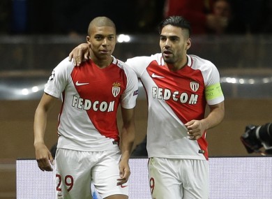 Radamel Falcao, right, celebrates his team's second goal with Monaco's Kylian Mbappe.