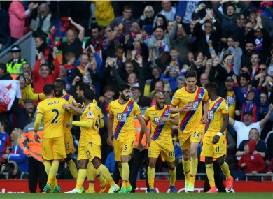 Crystal Palace celebrate Christian Benteke's goal at Liverpool