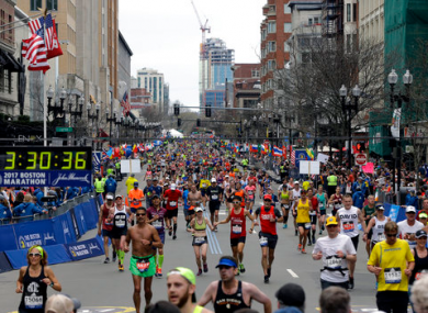 Runners head to the finish line in the 121st Boston Marathon on Monday.