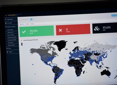 A map compiled by British company Malware Tech displays the geographical distribution of the WannaCry ransomware cyber-attack over the past twenty-four hours as seen on a computer screen in Portland Oregon.