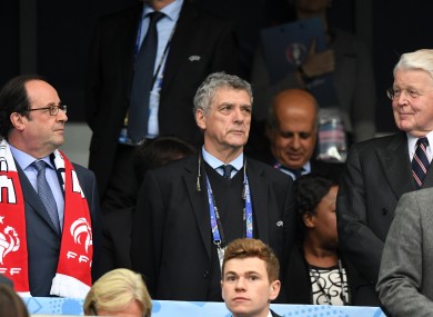 Villar (centre) alongside former French president Francois Hollande (left) and former Iceland president Olafur Ragnar at Euro 2016.
