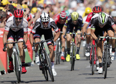 Australia's Michael Matthews crosses first after a sprint finish.