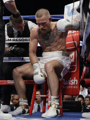 Conor McGregor in his corner between rounds during Saturday night's fight against Floyd Mayweather in Las Vegas.