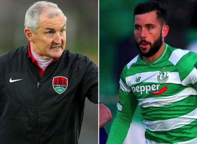 Cork City manager John Caulfield and Shamrock Rovers defender David Webster.