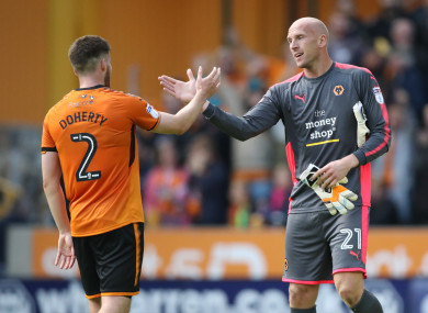 Irish defender Matt Doherty celebrates Wolves' victory with John Ruddy.