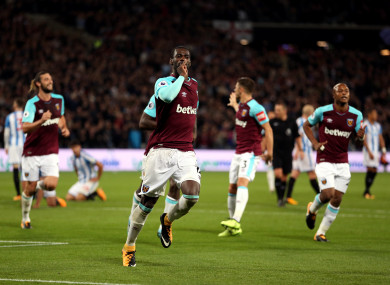 West Ham's Pedro Obiang celebrates scoring.