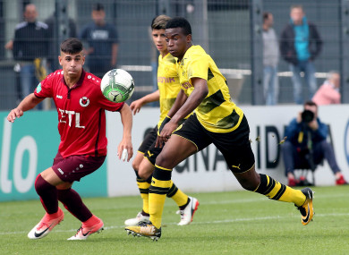 Youssoufa Moukoko (R) from Borussia Dortmund's U17 in action during the 6-1 win over Viktoria Cologne.