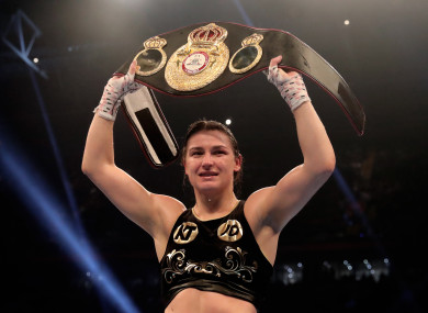Katie Taylor celebrates victory in Cardiff.