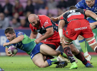 Oyonnax's Irakli Mirtskhulava with Caolin Blade of Connacht.