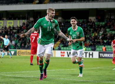 James McClean celebrating his goal against Moldova last year.