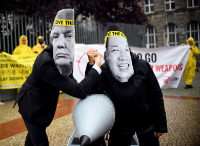 Ican activists protest against the conflict between North Korea and the US outside the North Korean embassy in Berlin last month