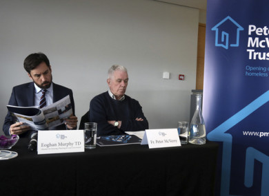 From left to right,:Housing Minister Eoghan Murphy with homelessness campaigner Fr Peter McVerry at the launch of the Peter McVerry Trust's annual report.