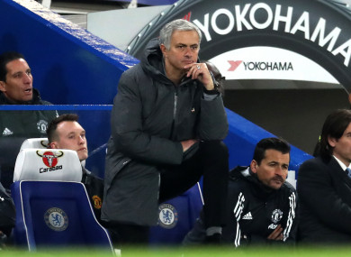 Manchester United manager Jose Mourinho appears dejected on the touchline.