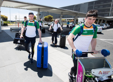 Conor McManus and Paul Murphy arriving in Adelaide yesterday.