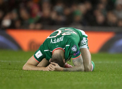 Republic of Ireland's Shane Duffy appears dejected during the FIFA World Cup qualifying play-off second leg match at the Aviva Stadium.
