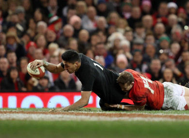 New Zealand's Rieko Ioane scores their fifth try.