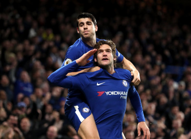 Chelsea's Marcos Alonso celebrates scoring his side's second goal of the game with Alvaro Morata (top.