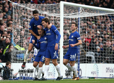 Hazard celebrates his second goal at Stamford Bridge.