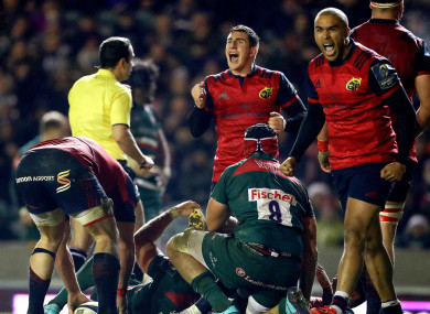 Ian Keatley and Simon Zebo celebrate Munster's win at Leicester.