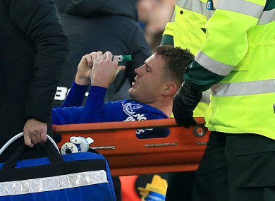 James McCarthy pictured as he is stretchered off during today's game.