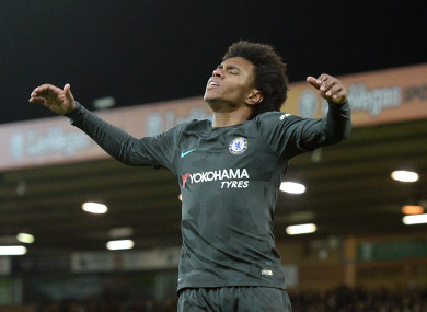 Willian shows his frustration after missing a chance.