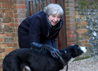 Theresa May meets a dog called blitz in her constituency.