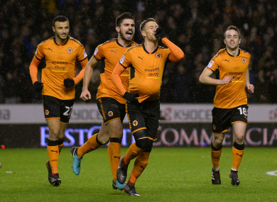 Barry Douglas celebrates giving Wolves a 2-0 lead at Molineux on Tuesday.
