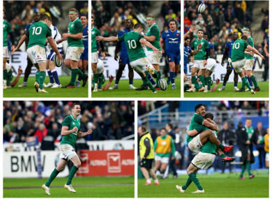 Johnny Sexton kicks the winning the drop goal.
