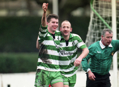(L-R) Rovers' Leonard Curtis and Terry Eviston celebrate a goal.