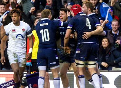 Scotland celebrate Sean Maitland's try at the weekend.