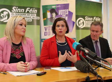 Sinn Fein's vice president Michelle O'Neill (left) and Sinn Fein's president Mary Lou McDonald (centre) and Conor Murphy at a press conference yesterday.