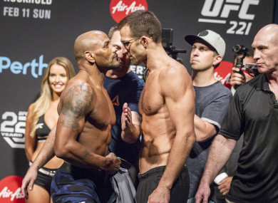 Yoel Romero and Luke Rockhold during the UFC 221 weigh ins at Perth Arena.