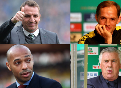 Four candidates for the Arsenal job. From the top left: Brendan Rodgers, Thomas Tuchel, Thierry Henry and Carlo Ancelotti.
