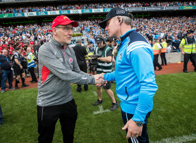 Tyrone manager Mickey Harte with Dublin boss Jim Gavin after last year's All-Ireland senior football semi-final.