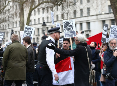 A protest by Stop the War Coalition in Whitehall, outside 10 Downing Street in London yesterday.