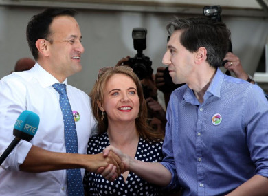 Taoiseach Leo Varadkar, Senator Catherine Noone (who chaired the Oireachtas Eighth Amendment Committee) and Health Minister Harris at Dublin Castle yesterday.