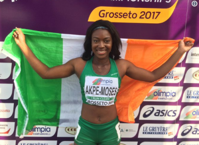 Ireland's Gina Akpe-Moses celebrates after winning a gold medal at the European U20 Championships last summer.