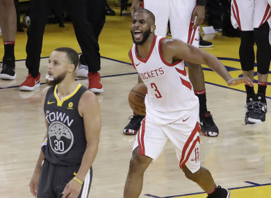Chris Paul celebrates as the Rockets pull off a surprise win.