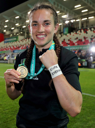 Fullback Selica Winiata celebrates World Cup victory in Belfast.