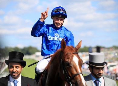 William Buick on Masar celebrates winning the Investec Derby.