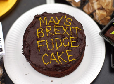 A table of food laid out by anti-Brexit demonstrators outside the Houses of Parliament in London yesterday.