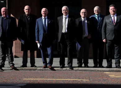 Seven of the Hooded Men, who were kept in hoods interned in Northern Ireland in 1971, (from left) Jim Auld, Patrick McNally, Liam Shannon, Francie McGuigan, Davy Rodgers, Brian Turley and Joe Clarke, following a press conference at KRW Law in Belfast.
