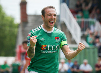 Cork’s Karl Sheppard celebrates scoring a goal.