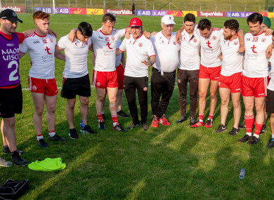 Mickey Harte with his Tyrone players after today's game.