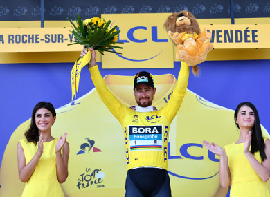 Sagan celebrates his victory.