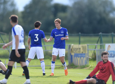 Leighton Baines celebrates his goal with Kieran Dowell on Saturday.